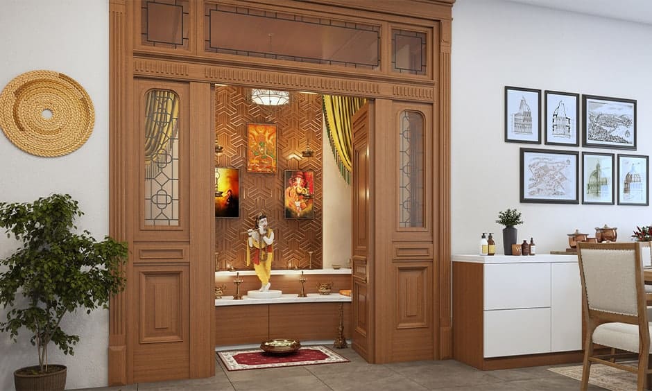 mandir design for hall, wooden temple