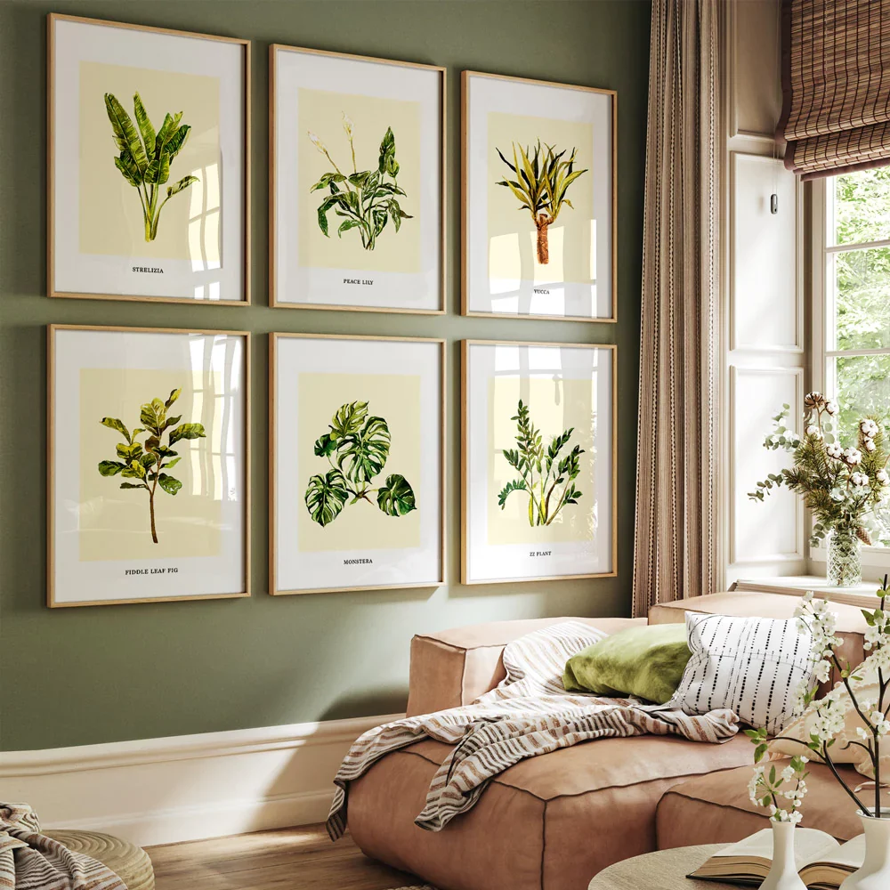 Gallery poster frames on the green walls of the living room with a sofa set with cushions on it and window curtains beside the posters