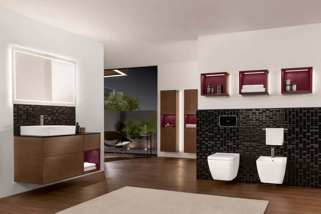 Villeroy & Boch luxury modern collection with washbasins, freestanding bath, toilet, and coloured furniture with integrated lighting concept for mirrors and shelves