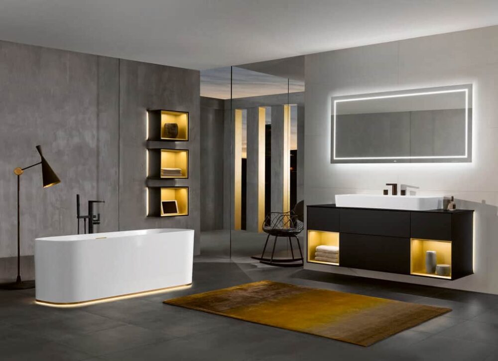 Villeroy & Boch Finion - luxury modern bathroom collection with washbasins, freestanding bath, toilet, and coloured bathroom furniture with integrated lighting concept