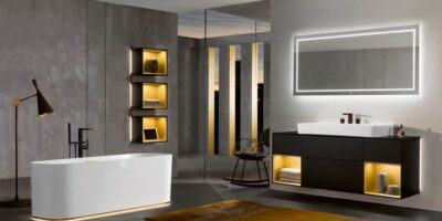 Villeroy & Boch Finion - luxury modern bathroom collection with washbasins, freestanding bath, toilet, and coloured bathroom furniture with integrated lighting concept