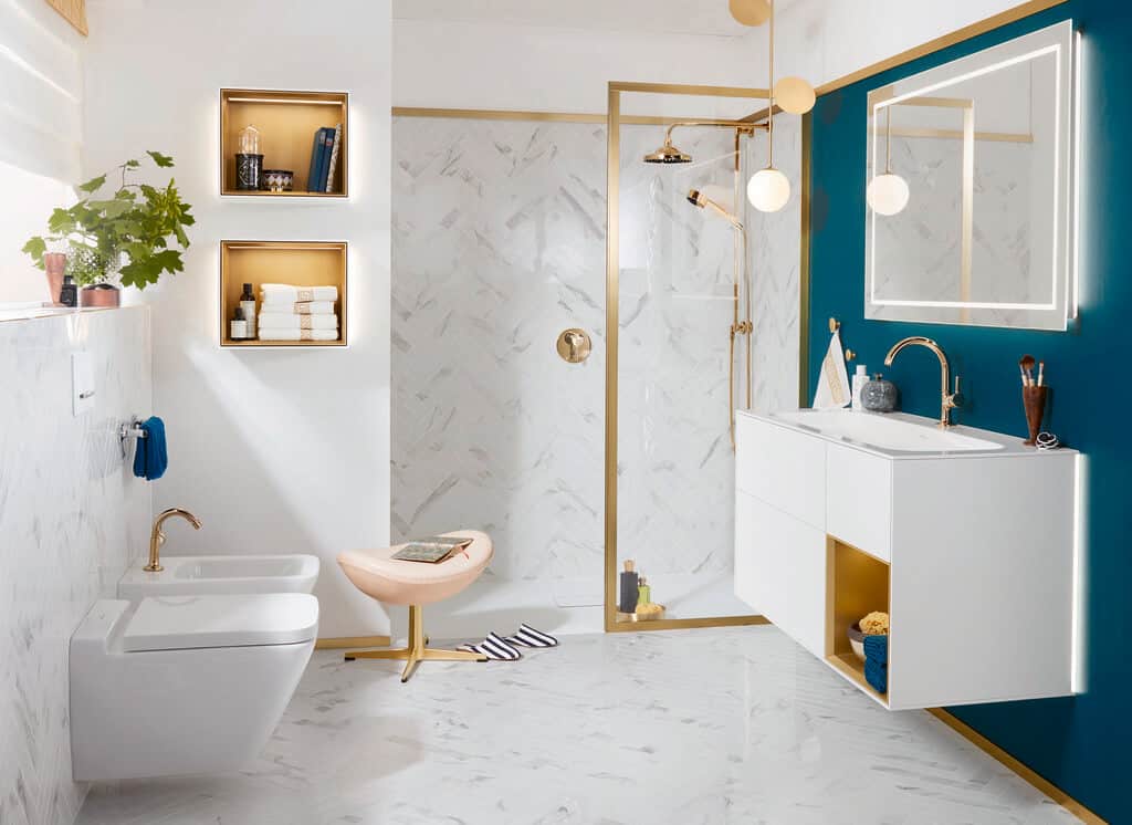 monochrome and minimalist bathroom with gold accents