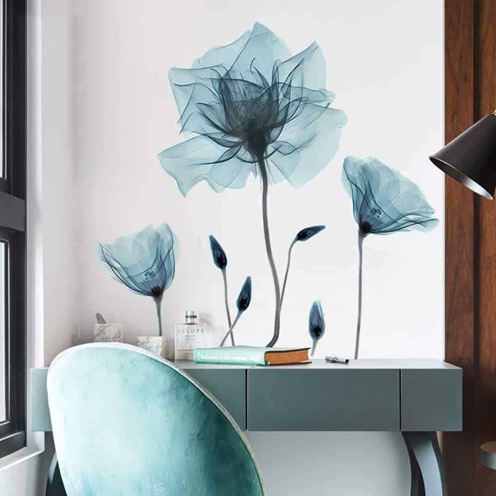 Large 3D Blue Flowers Wall Art Stickers Removable Home Decor Bedroom Vinyl  Mural