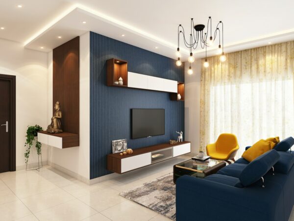 False ceiling lighting; illuminated recessed LED lights provide amibient light up in a modern room