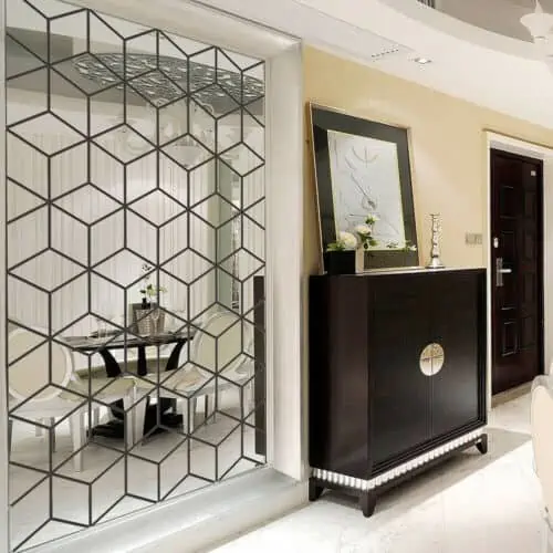 3D mirror hall wall sticker for halls with a wooden table and a wall picture