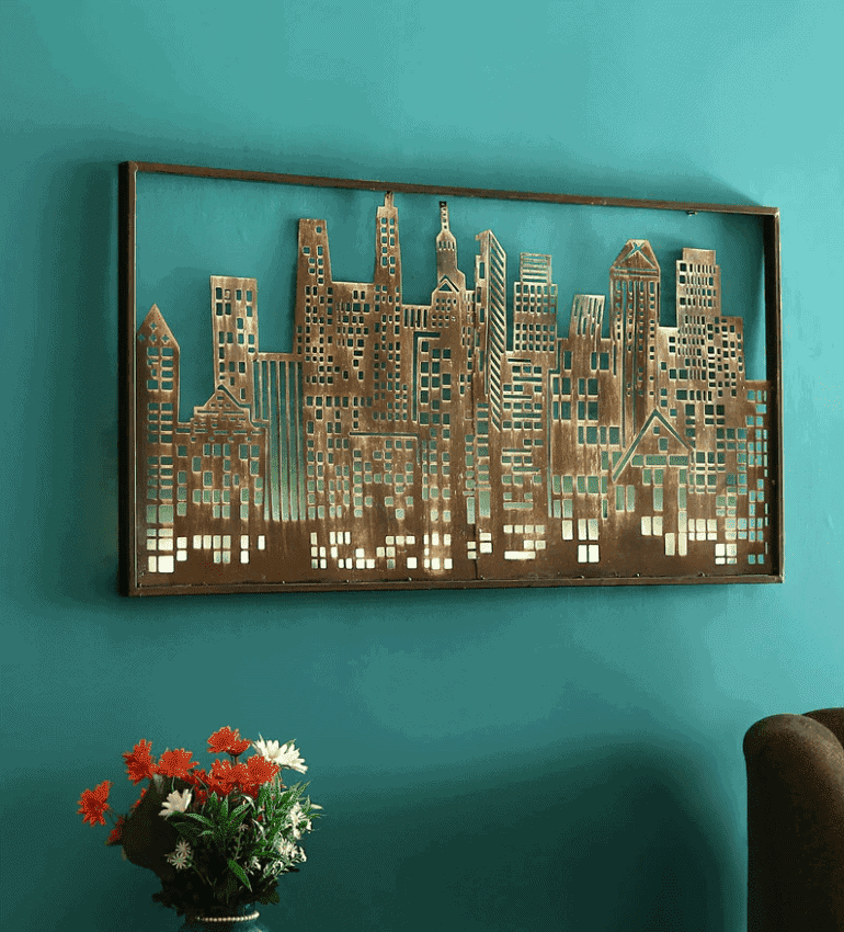 Wrought Iron City Light Wall Art With LED In Brown By Malik Design