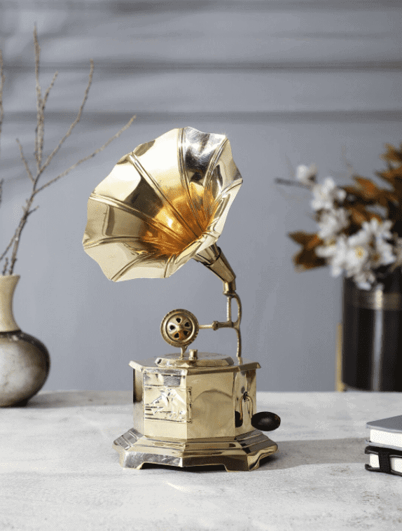EXIM DECOR Gold-Toned & Brown Full Brass Octagon Vintage Style Gramophone Showpiece