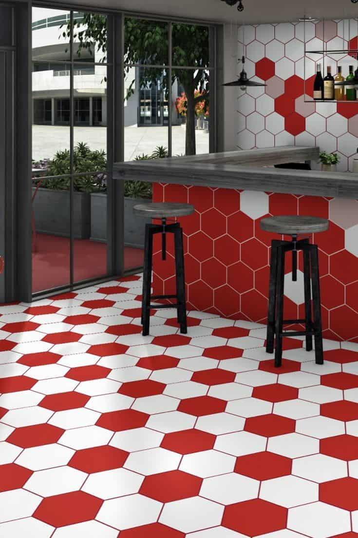 red and white hexagonal tiles for kitchen backsplash and floors, subway tiles