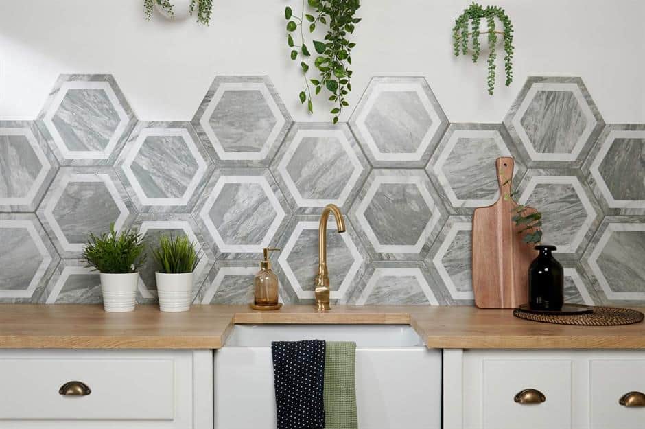 grey hexagonal tiles for kitchen backsplash, subway tiles
