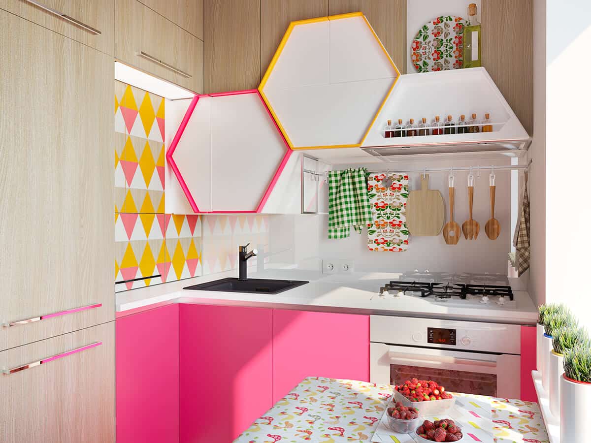 yellow and pink colourful tiles for kitchen backsplash