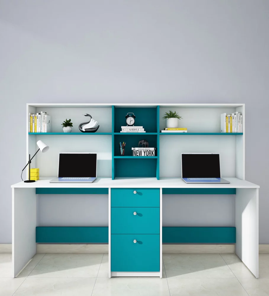 White and blue bookcase with study table