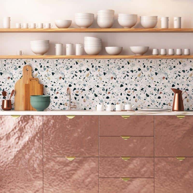 terrazzo tiles for kitchen walls with pink metallic cabinetry
