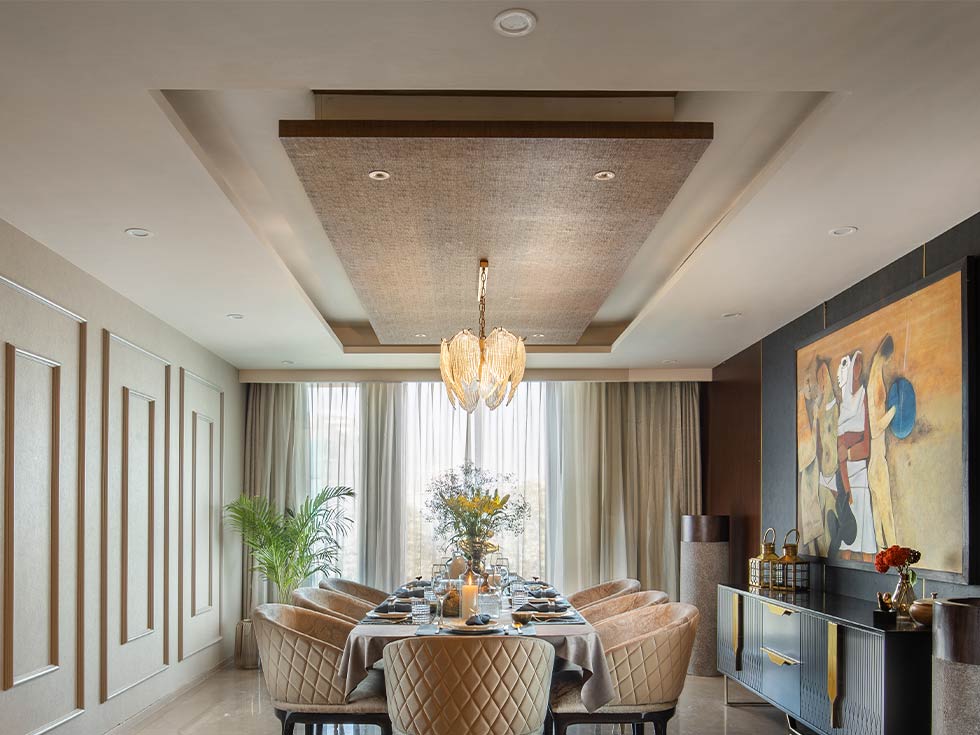 sophisticated dining room ceiling, wooden material, hanging light, dining table setting, indoor plants