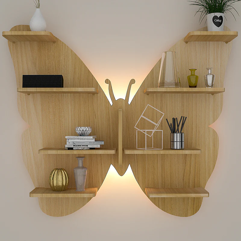 Wooden butterfly shaped wall mounted book rack with a back light