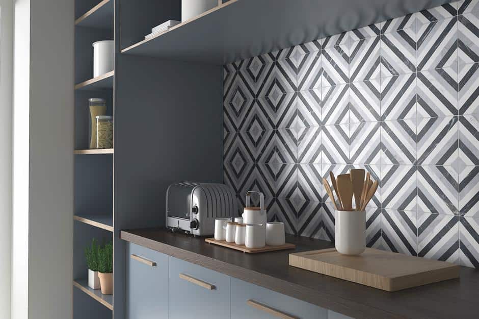 blue and grey geometric patterned tiles for kitchen, kitchen backsplash ideas