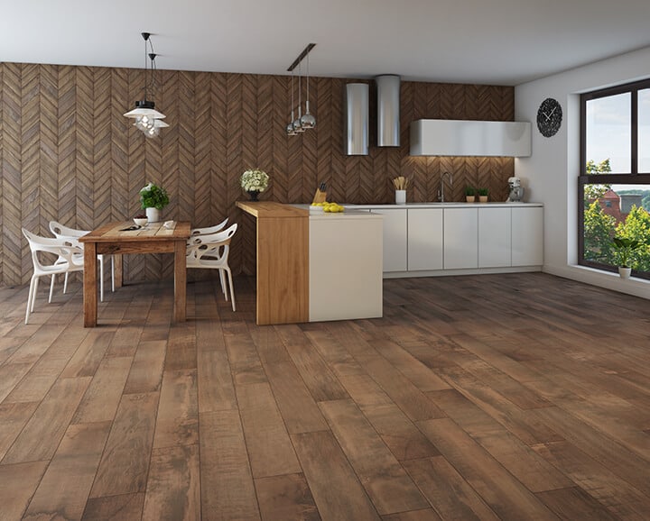 Wooden tiles for flooring and walls of kitchen