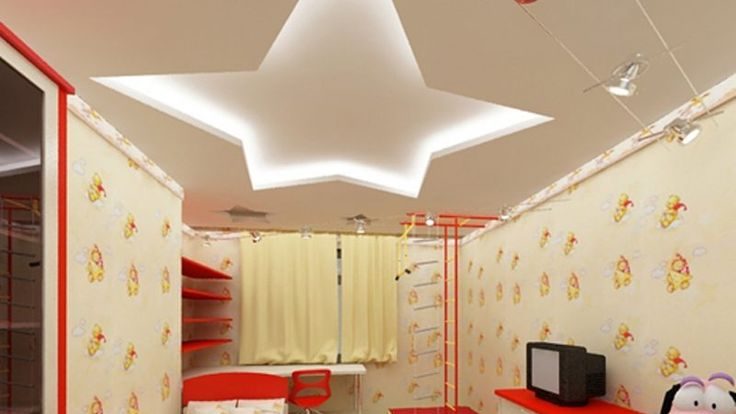 orange and white walls, kids room designer ceiling, bed in the centre of bedroom, rug under bed, lights