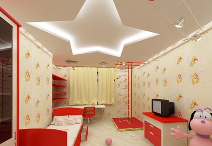 orange and white walls, kids room designer ceiling, bed in the centre of bedroom, rug under bed, lights