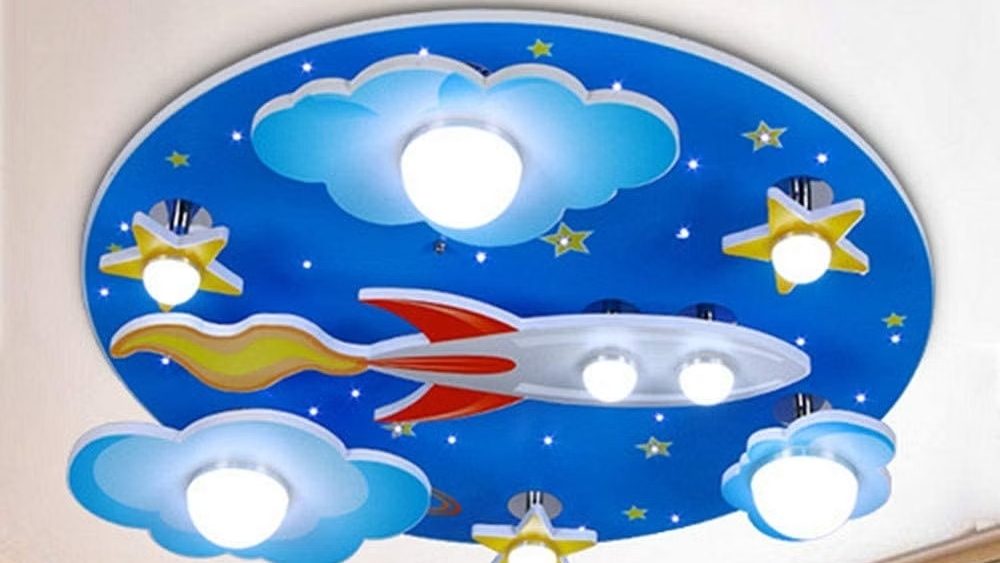 creative kids room decor, interior decor, spaceship on the ceiling, lights, blue colour