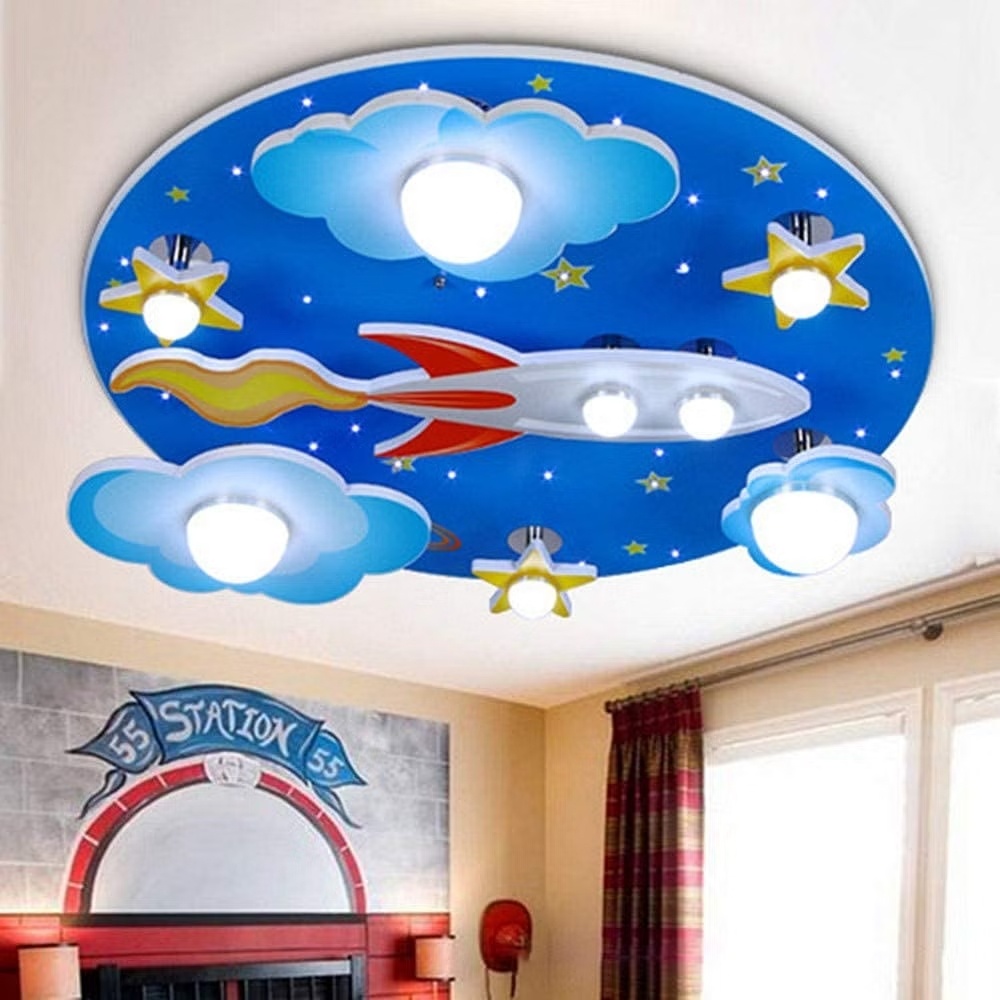 creative kids room decor, interior decor, spaceship on the ceiling, lights, blue colour