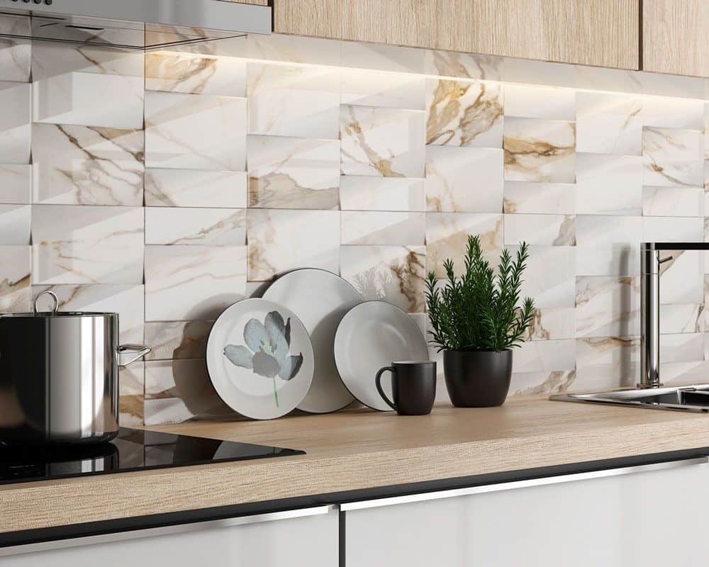 marble effect 3D kitchen tiles