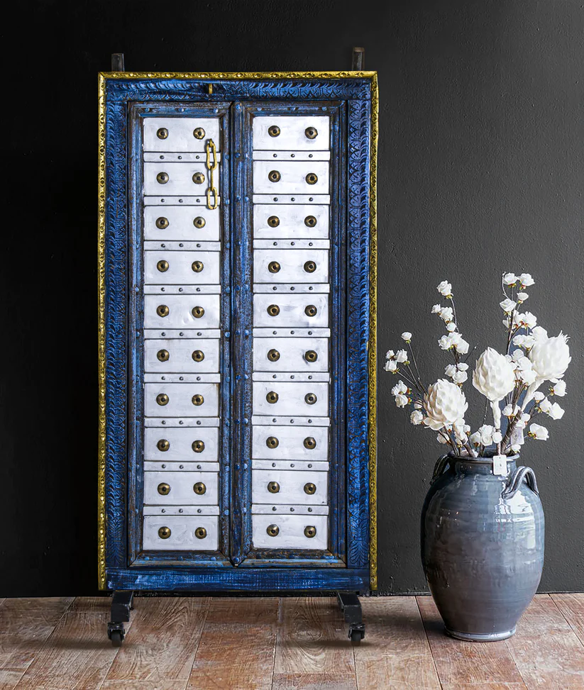 blue and white wooden door design for a modern home with a faux plant 