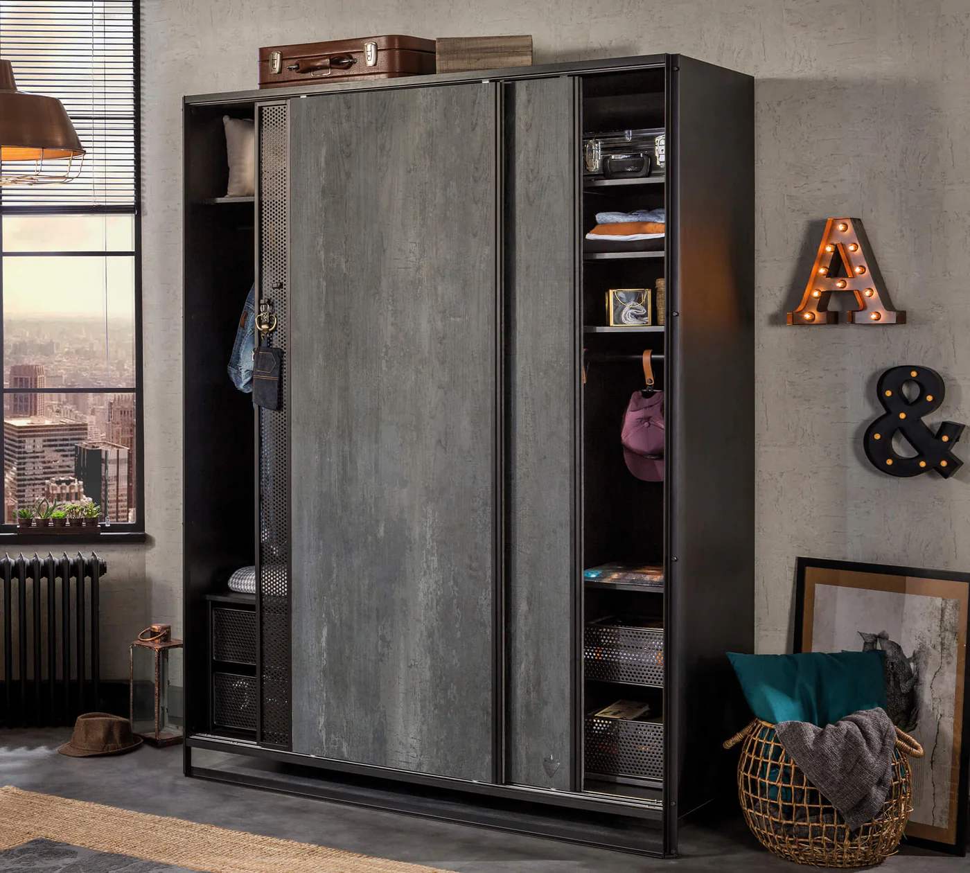 grey metal cupboard in a bedroom 