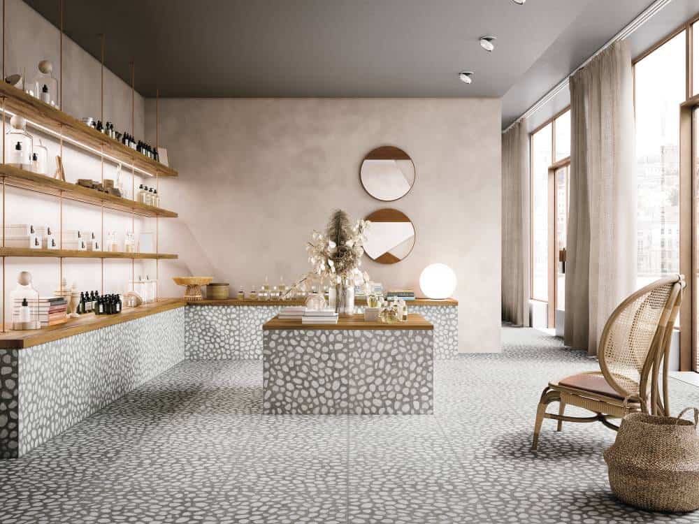 Ceramiche Refin Risseu white and grey stone flooring and countertop