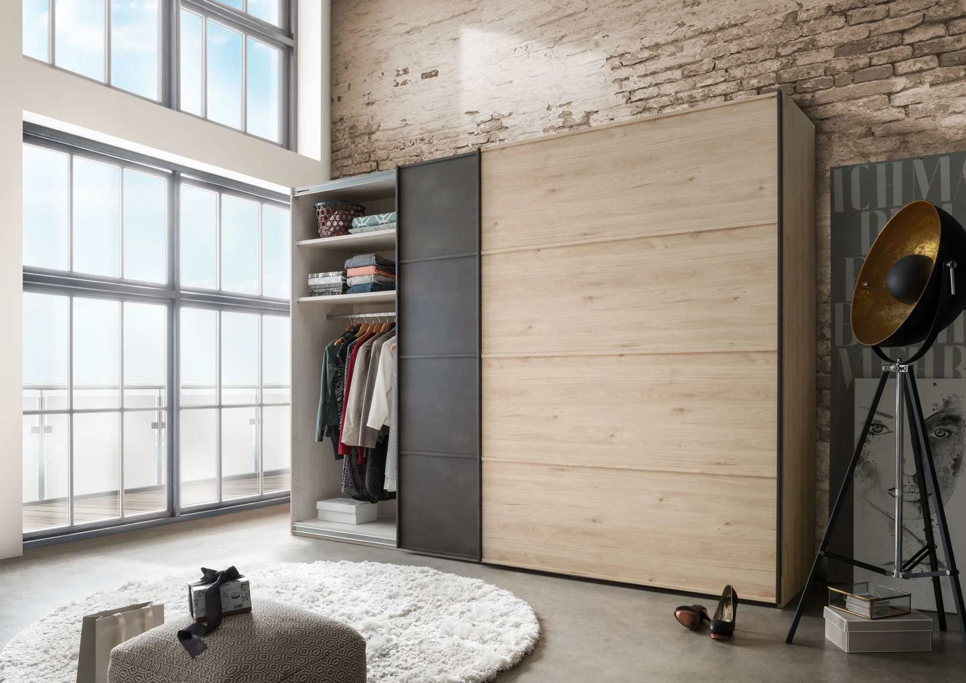 brown and black wooden cupboard in a bedroom with rug