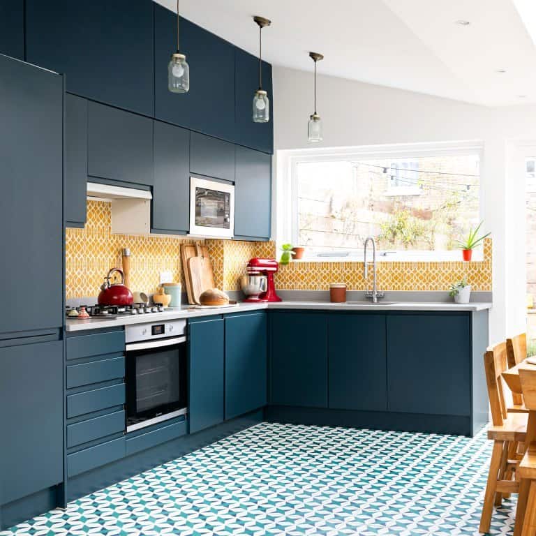 Blue floor tiles and geometric backsplash kitchen patchwork effect memorable