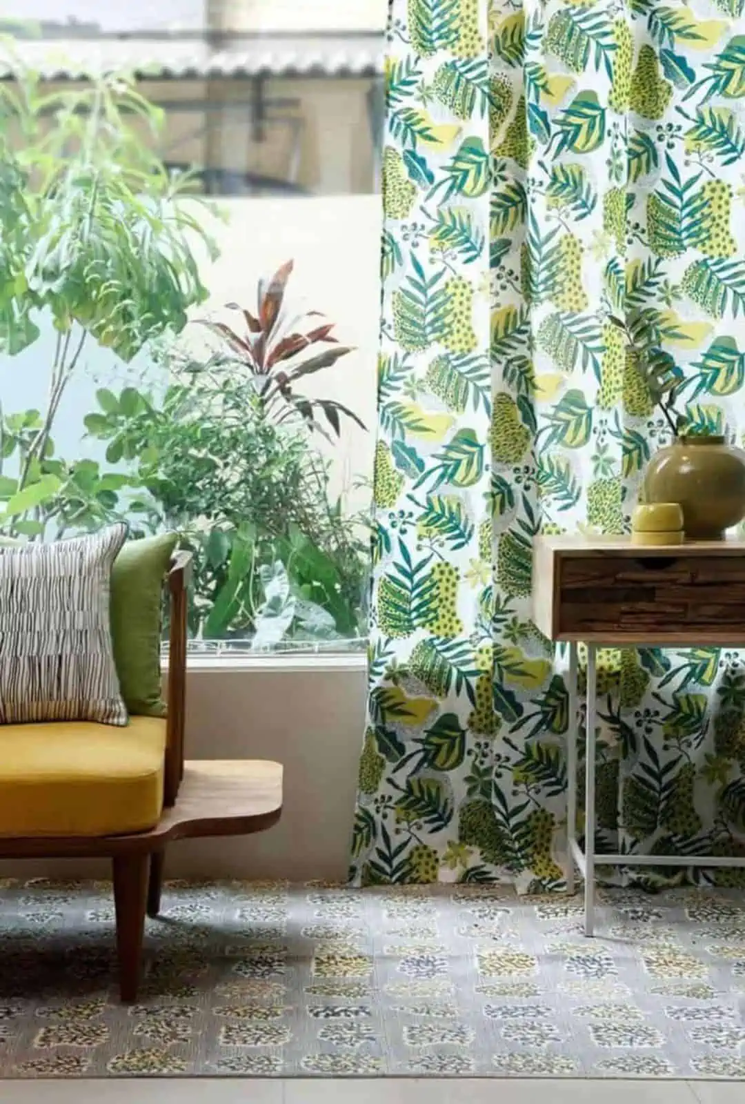 Printed green sheer drapes