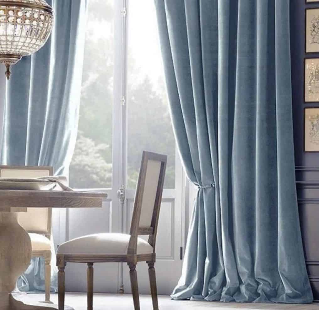 baby blue curtain with white interior