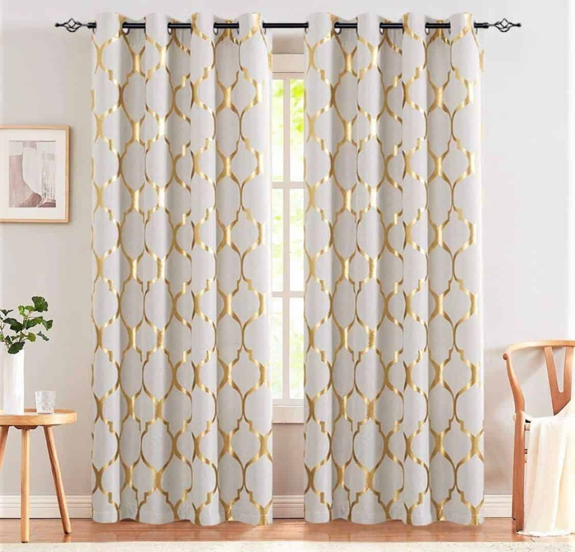 Printed white and gold drapes
