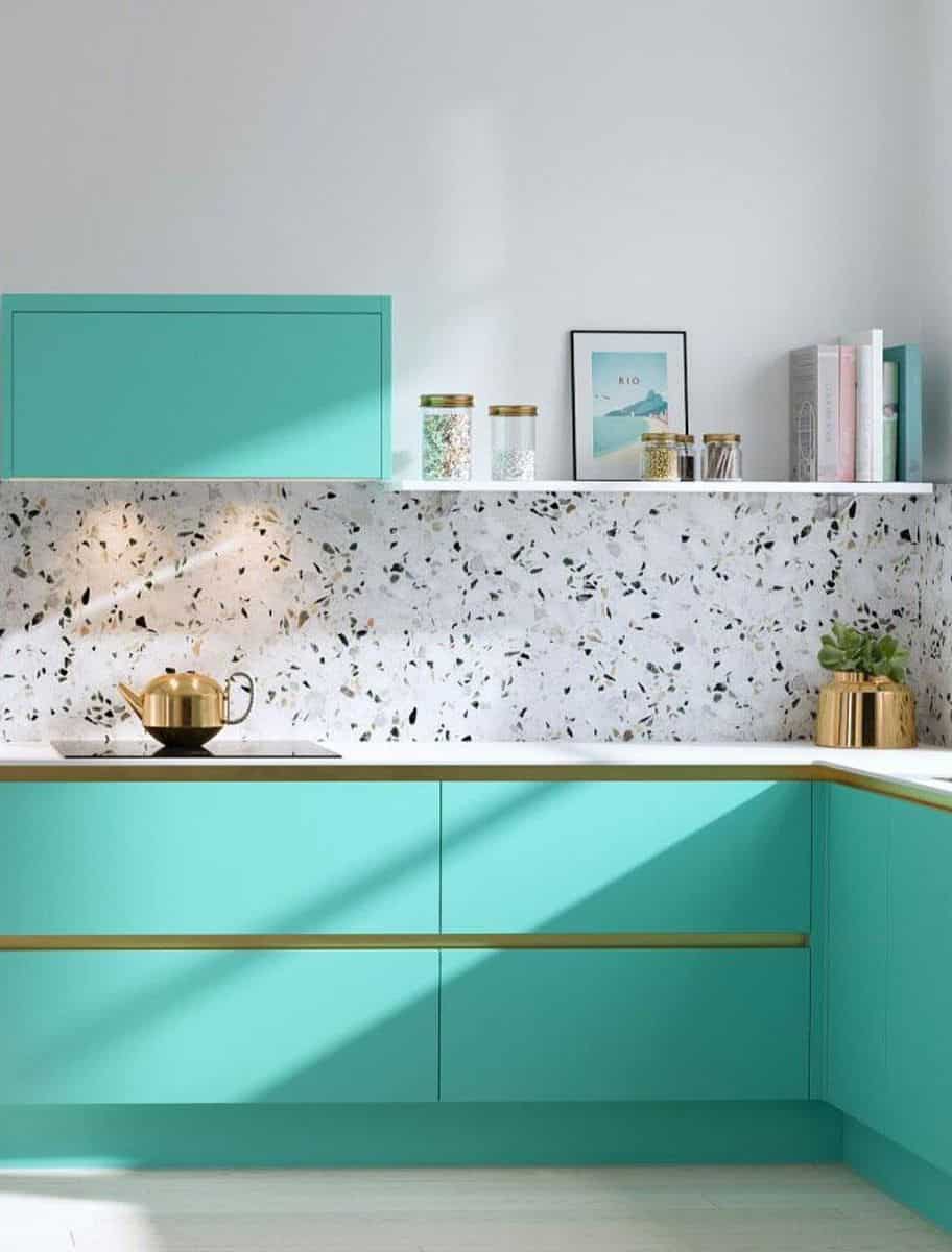 terrazzo tiles for kitchen walls with blue cabinetry