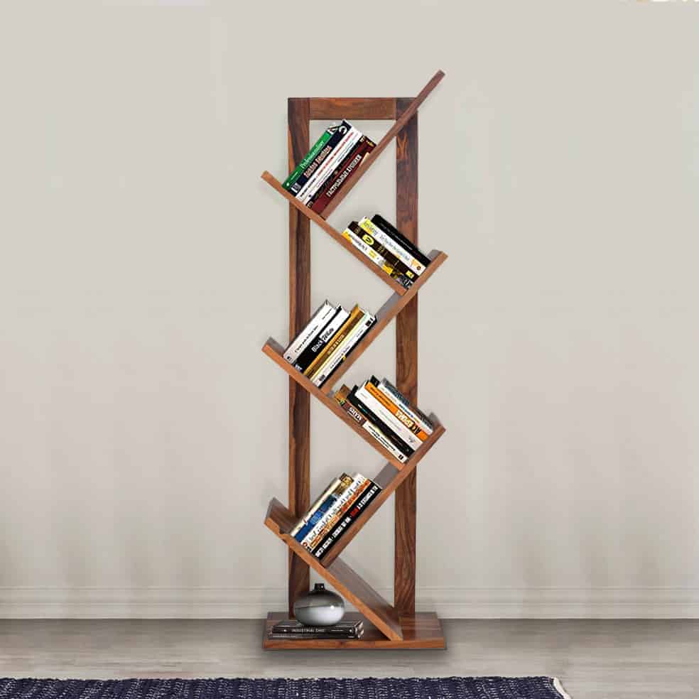 angular bookcase, brown colour, tree shape