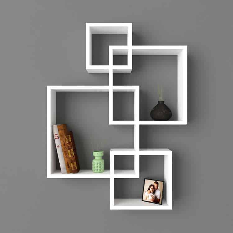 white square geometric interlocking bookcase, wall mounted, gray background