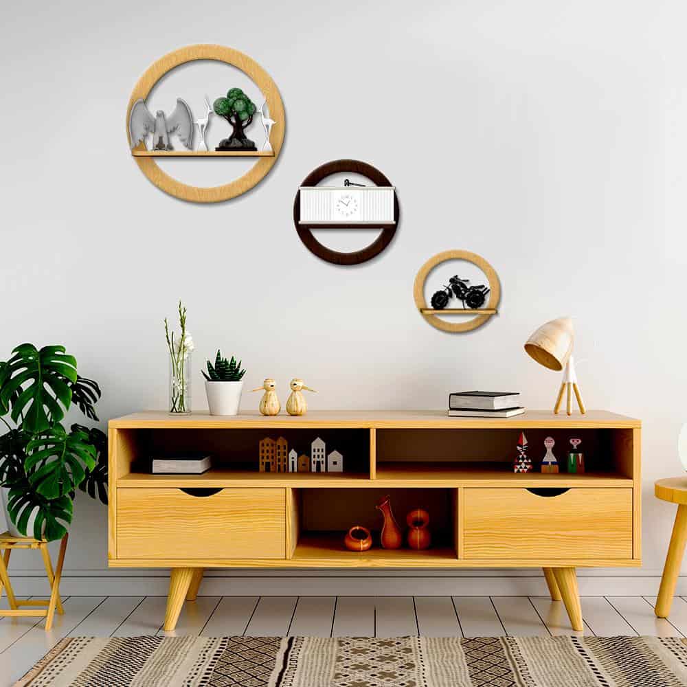 circle bookshelf, wall mounted, set of 3, yellow, brown, room setting, indoor plant, off white walls,study table