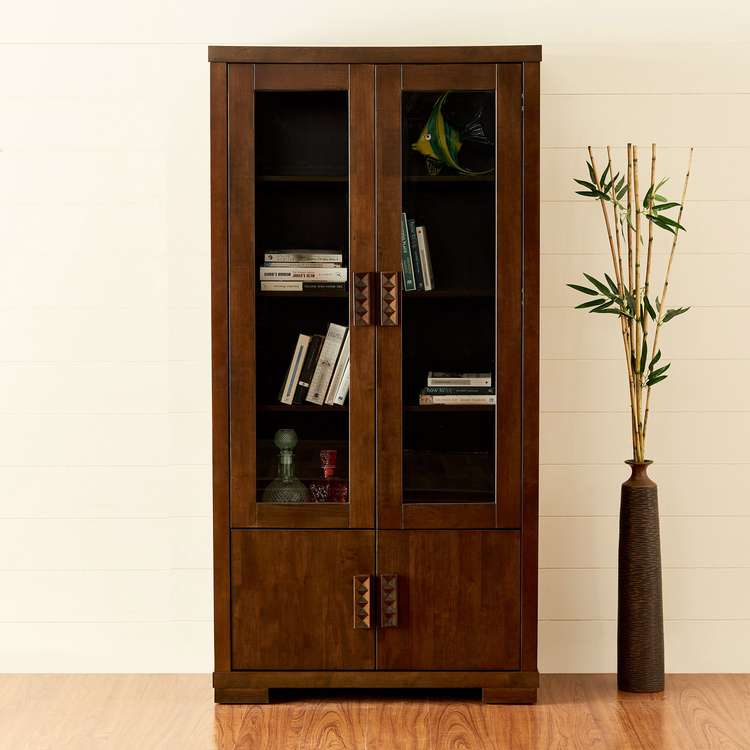 vintage brown wood bookshelf with glass panel