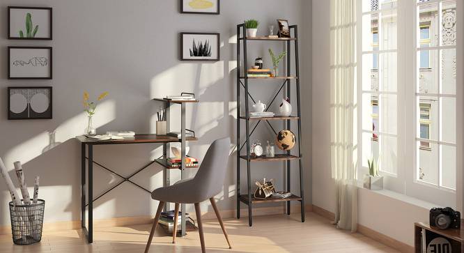 study table, sleek ladder shaped bookshelf, black borders, brown shelves, room setting with other furniture