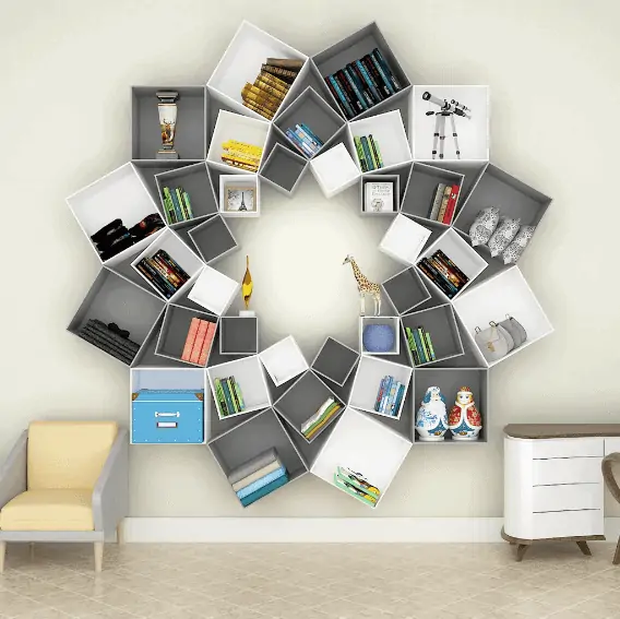 gray and white square bookshelf, flower shaped, white wall, study table, chair