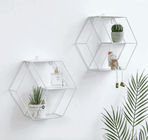 white hexagon bookshelf, indoor plants, articles