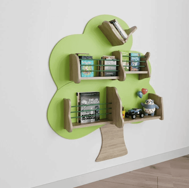 tree bookcase, shelves, articles, off white background