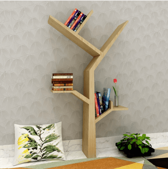 wooden tree shaped bookcase, books, wallpaper