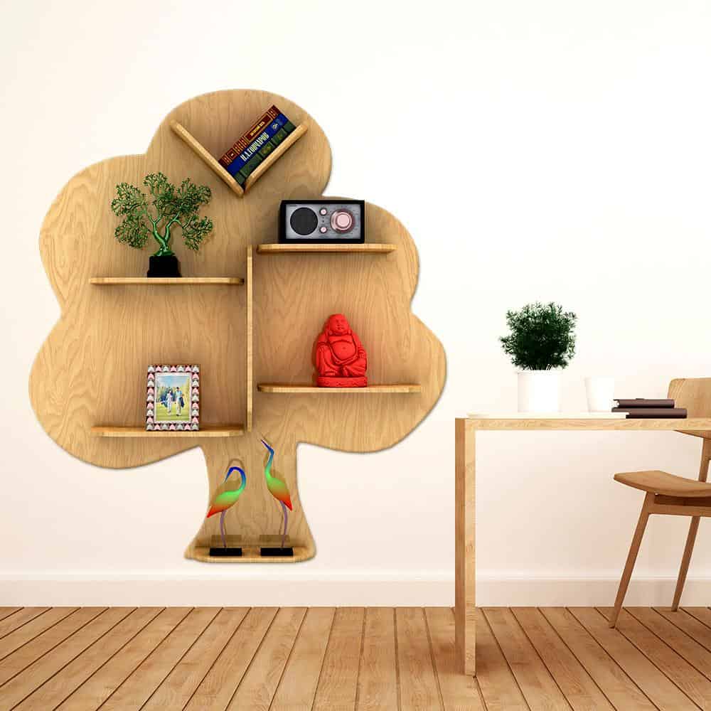 light wood tree shaped wall mounted bookshelf, study table