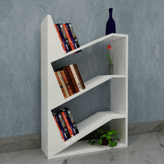 white tapering bookcase, floor standing