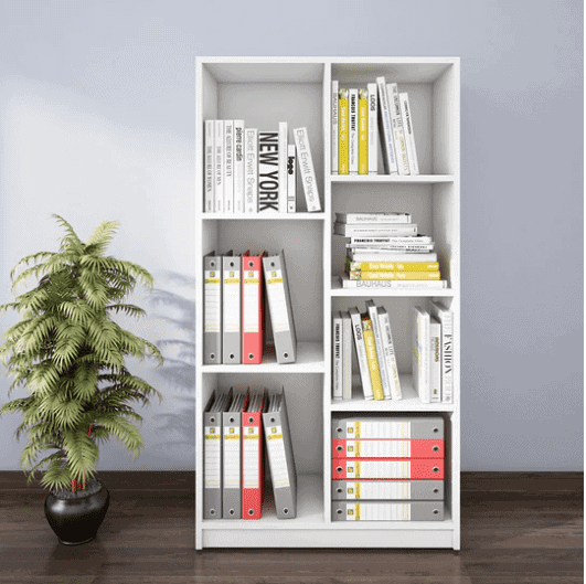rectangle tall white bookcase, indoor plant, room setting