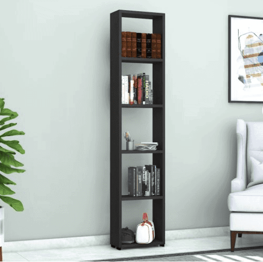dark brown straight bookcase, room, white sofa,, indoor plant, articles,