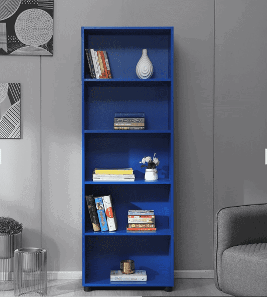 blue straight bookcase, articles, gray room setting