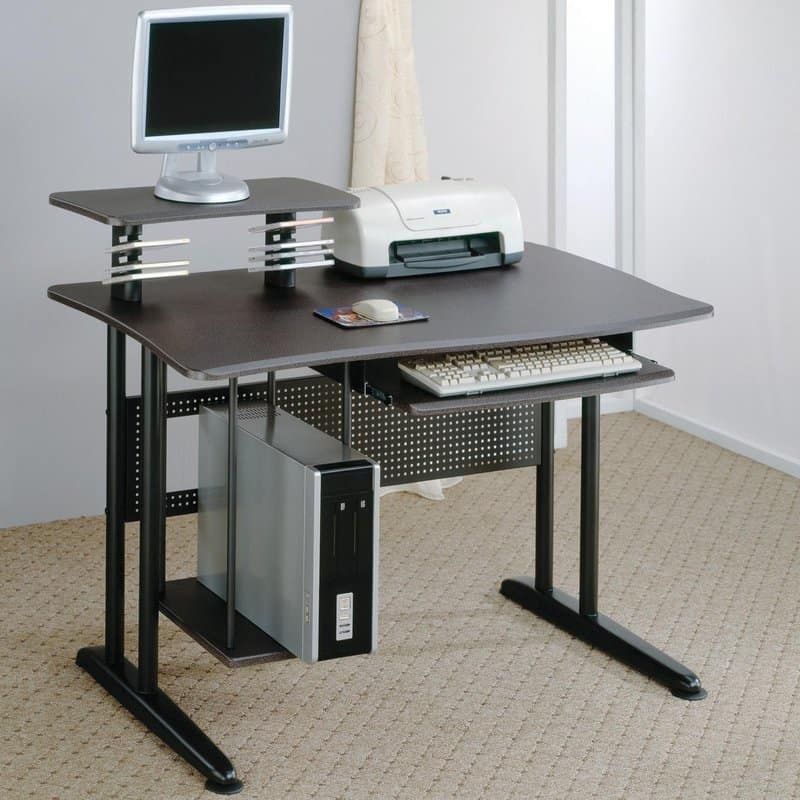 computer table with tiers, desktop set, printer, keyboard