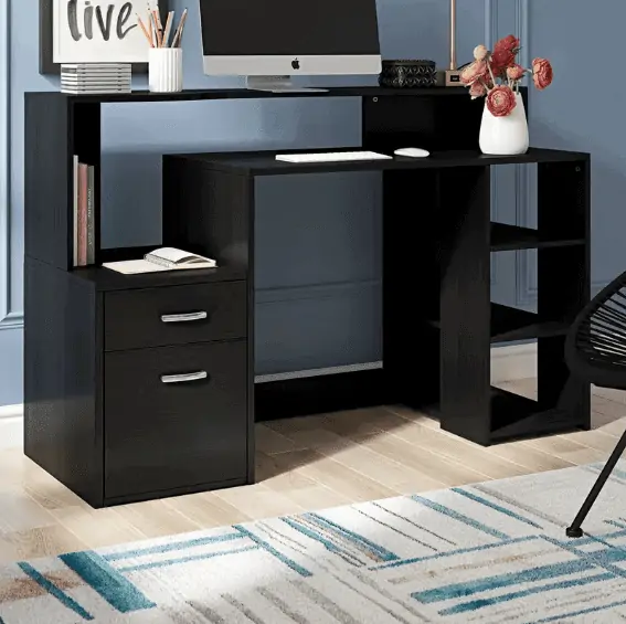 black computer table with drawers and cabinets in a living room